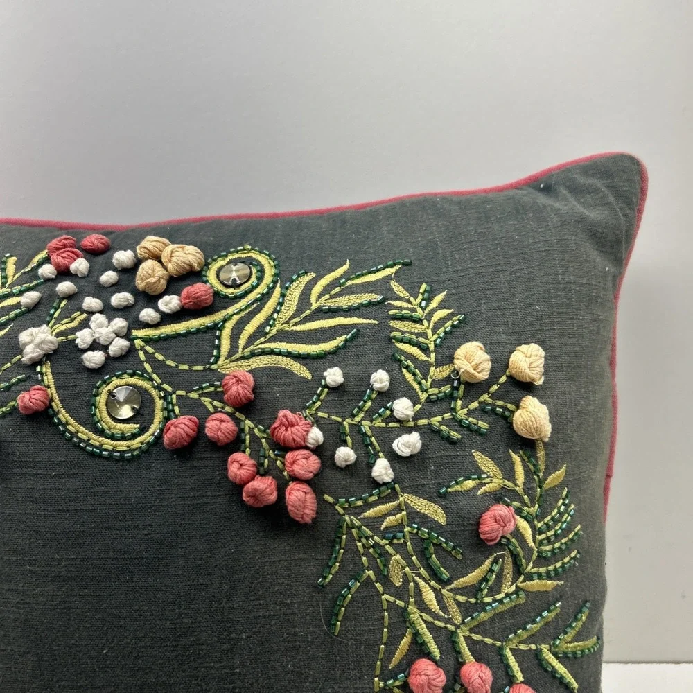 Devi Designs 18x18 Embroidered Floral Throw Pillow Beaded 3D Flowers Boho